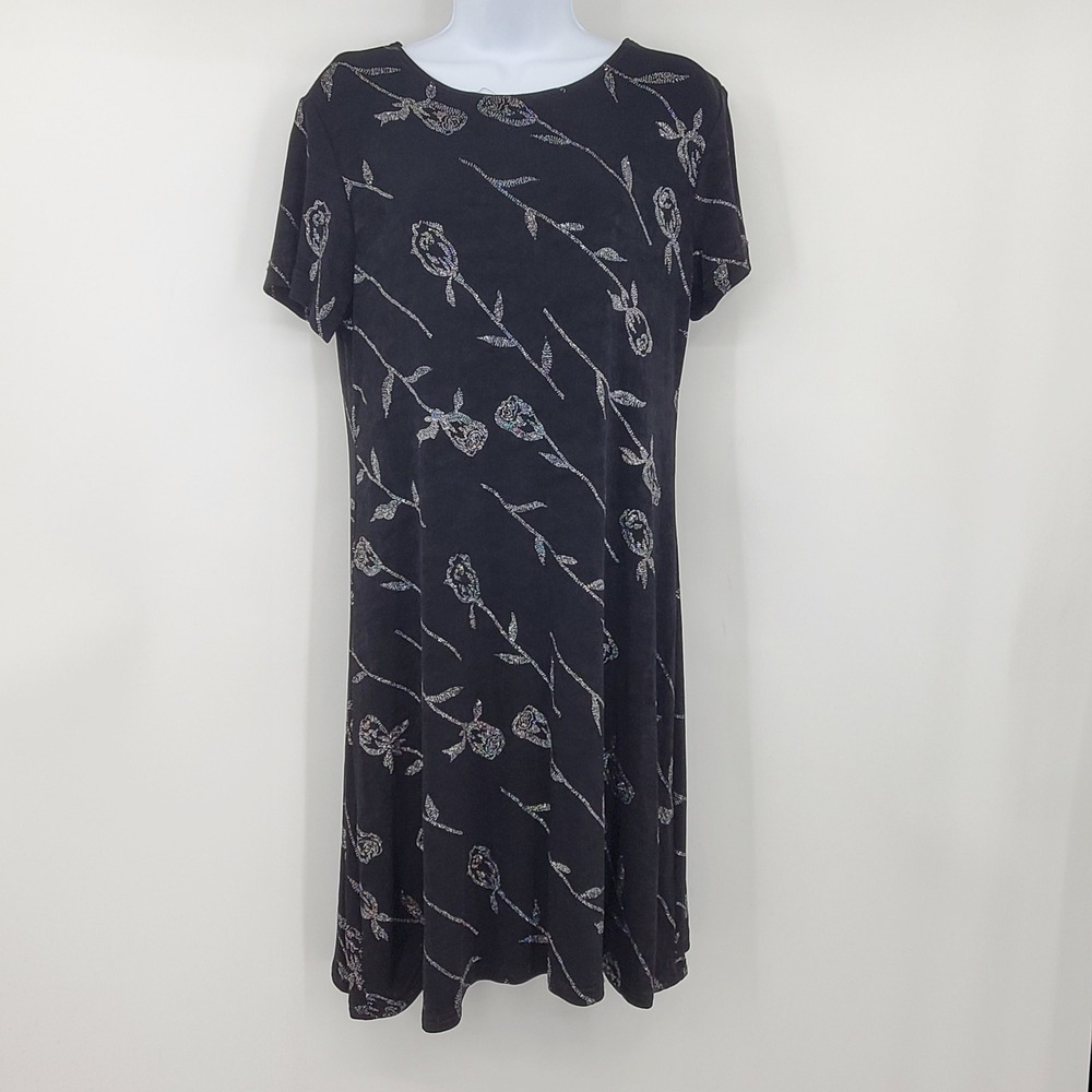 Vintage 90s Molly Malloy Petite Black Rhinestone Rose Dress 8P Whimsigoth Floral